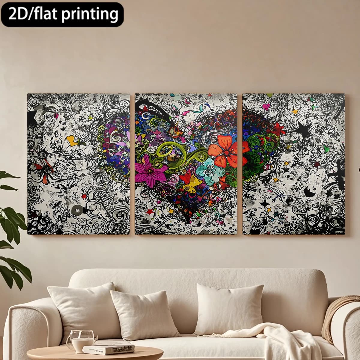 Stampa piatta 2D, quadro decorativo su tela con cornice in legno a 3 pezzi, opera d'arte a forma di cuore riempita di fiori.