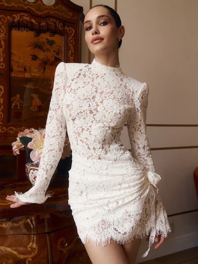 Ahagaga Abiti Mini in Pizzo alla Moda, Eleganti Vestiti a Collo Alto, Aderenti a Maniche Lunghe, per Feste, Club e Streetwear, Vestiti da Donna