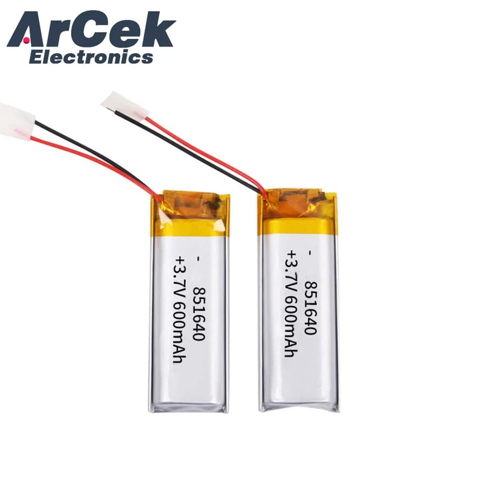 2 batterie ricaricabili ai polimeri di litio LiPo da 3,7 V 600 mAh 851640 per auricolari Bluetooth, strumenti di bellezza, selfie stick, spray, ecc.