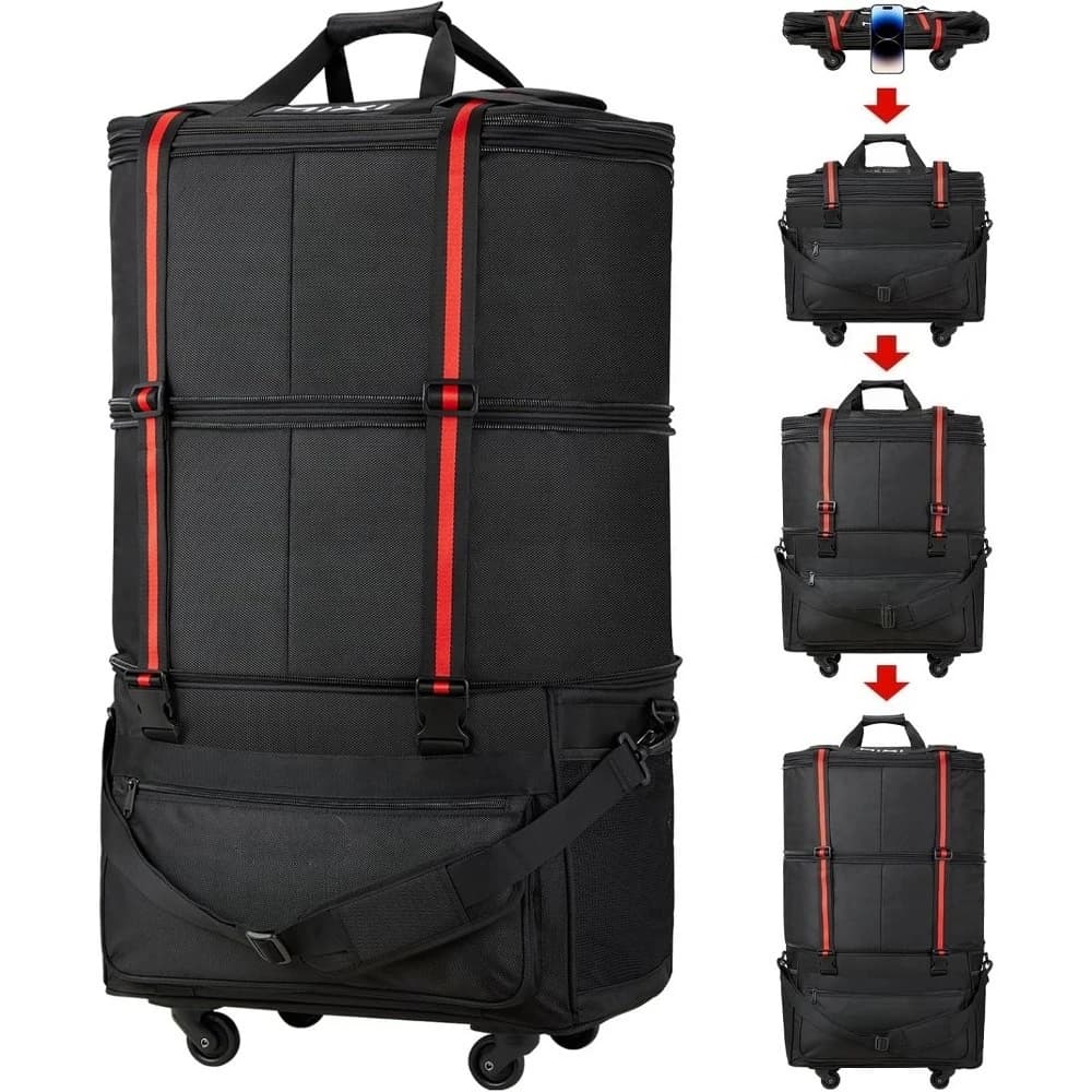 Expandable Foldable Rolling Luggage Bag with Wheels, Large Capacity Duffel for Men and Women, Black