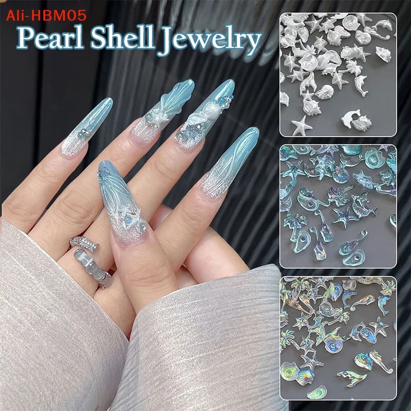 (HB05)50Pcs Mix Ocean Series Pearl Shell Rhinestone Starfish Jewelry Flash Nail Art Decoration Nails Accessory Charms Supply