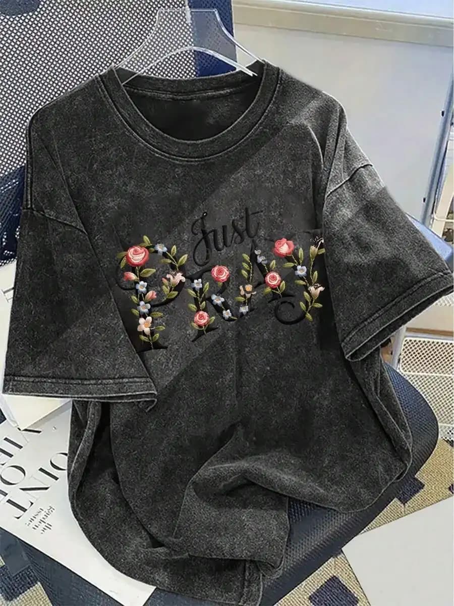 Unisex Cotton Short Sleeve T-Shirt With Floral Embroidery Vintage Print Casual Tee