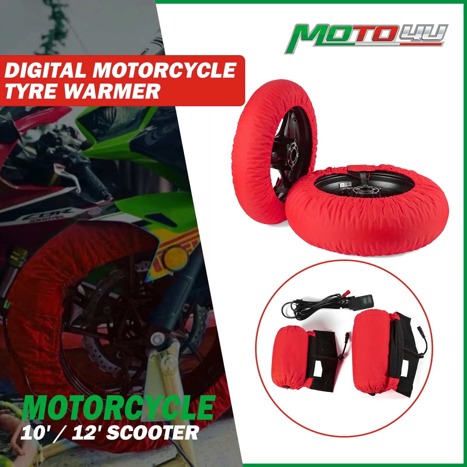 10' / 12' SCOOTER Scaldamani Digitale Scaldamani per moto Protezione per il riscaldamento dei pneumatici da corsa Anteriore e posteriore 1 paio di coperte elettriche