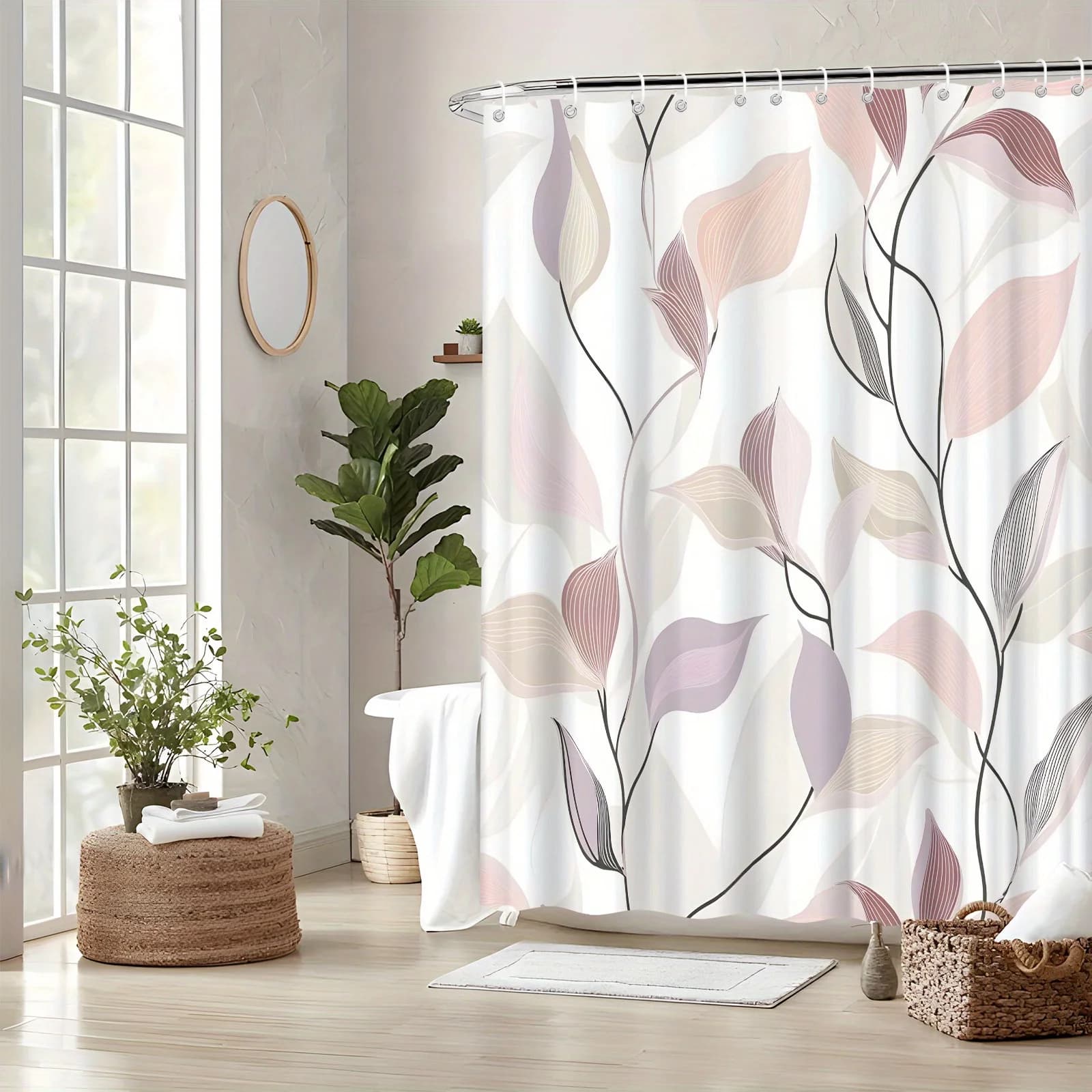 Tenda da doccia moderna con foglie astratte da 1 pezzo - Design botanico rosa morbido, lavanda e verde, steli neri, poliestere, 70,8x70,8"