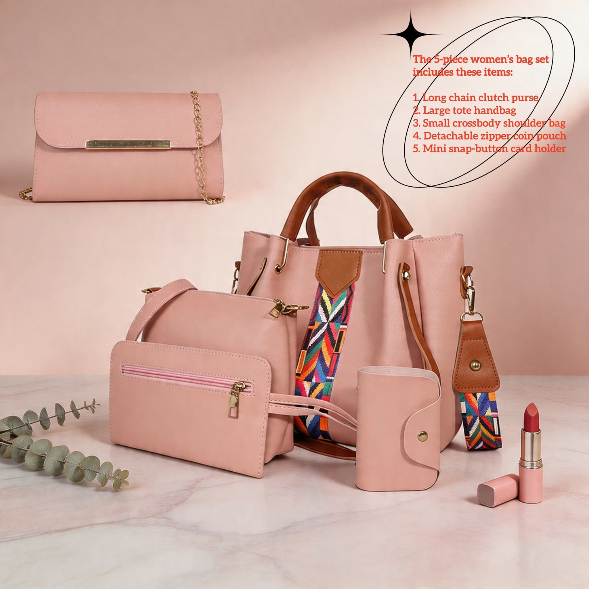 5Pcs/Set Women's Handbags Fashion PU Leather Tote Crossbody Bag Set Casual Pink Shoulder Bags with Purse & Coin Pouch