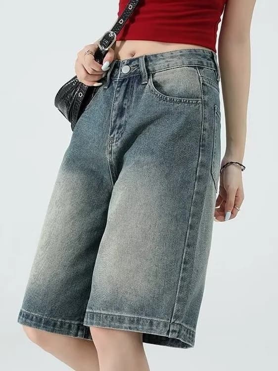 Pantaloncini in denim vintage da donna taglie forti, a cinque tasche, estivi, larghi, a vita alta, casual, blu