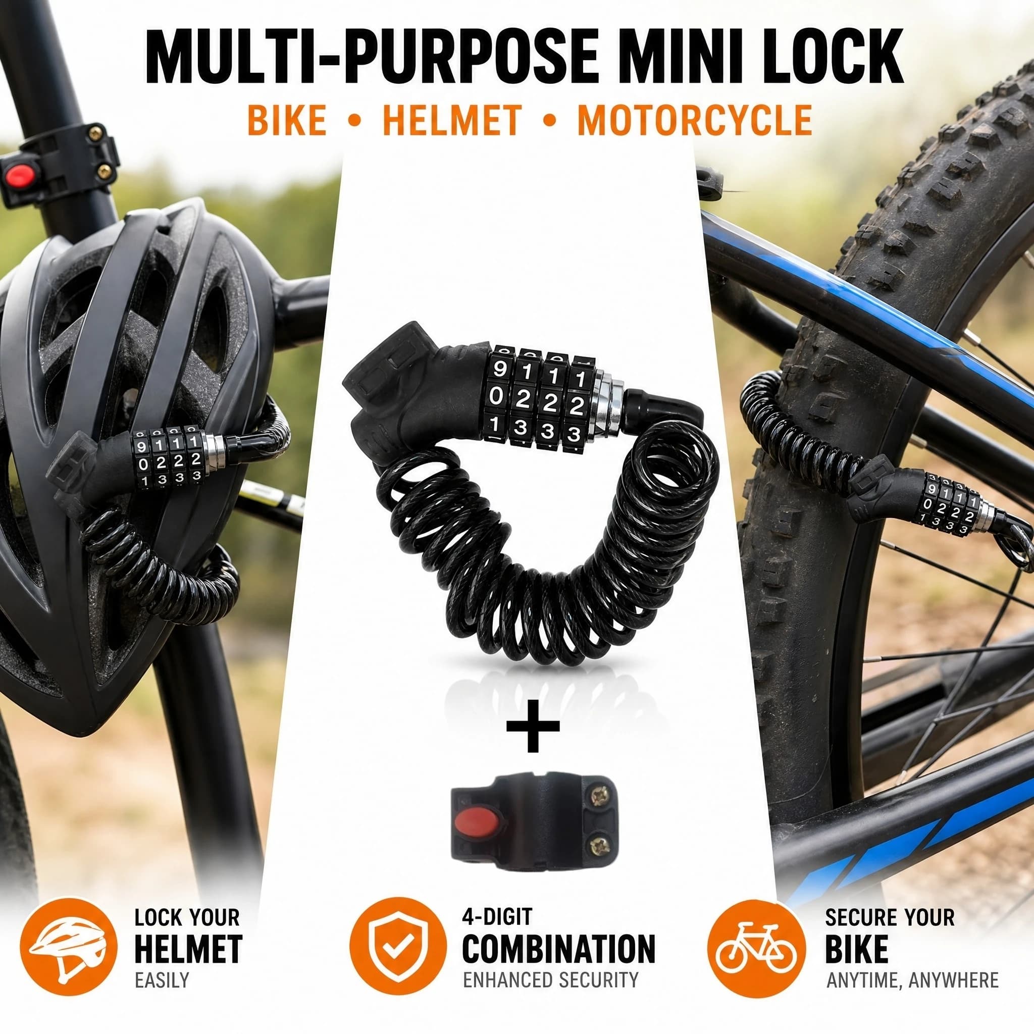 4-Digit Password Bike Lock Portable Anti-Theft Helmet Lock Mountain Bike Motorcycle Bicycle Accessory with Mounting Bracket