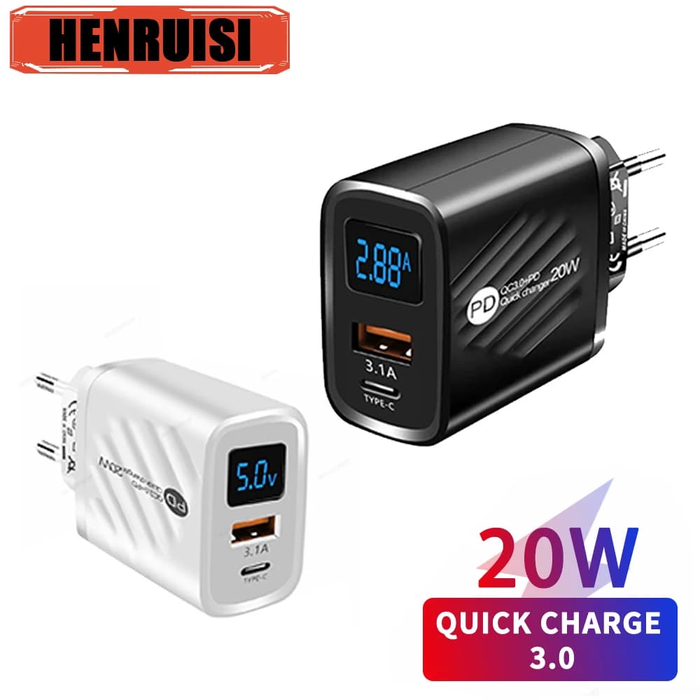 PD 20W caricabatterie a ricarica rapida adattatore per Display digitale per iPhone 12 13 14 Pro Samsung S22 Xiaomi 11 13 caricatore da muro USB C Huawei