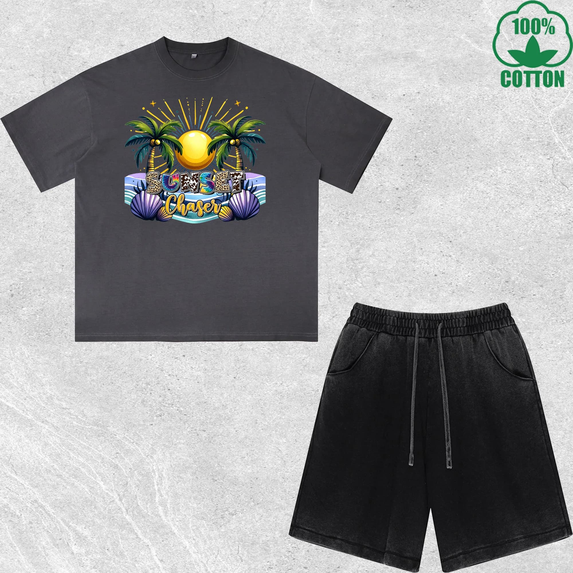 Set T-Shirt e Pantaloncini Stampati 'Sunset Chaser' con Effetto Lavato, Multicolore, Stile Trendy e Comodo, 100% Cotone