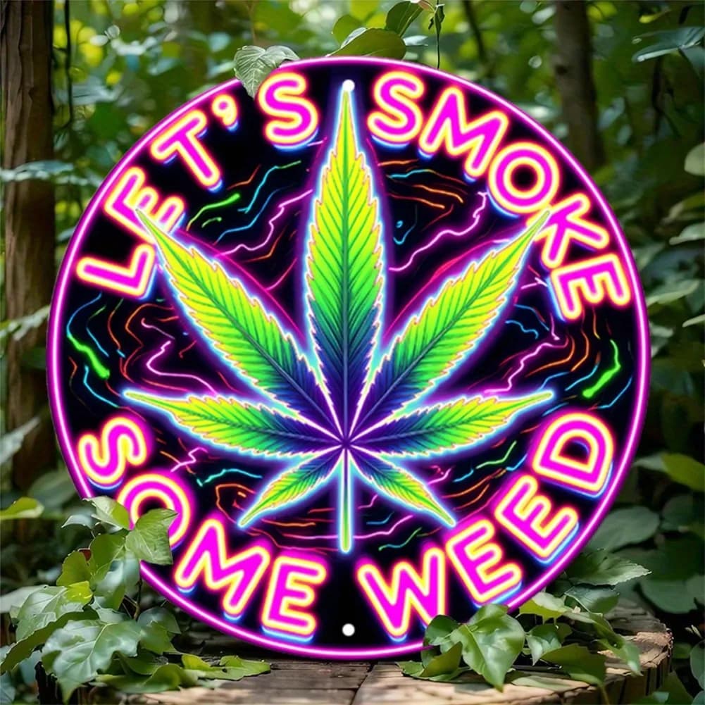 [2D Piatto] 1 pezzo Let'S Smoke Some Weed Cartello rotondo in alluminio - Design vibrante con foglie al neon, decorazione da parete da 7,87" per la casa