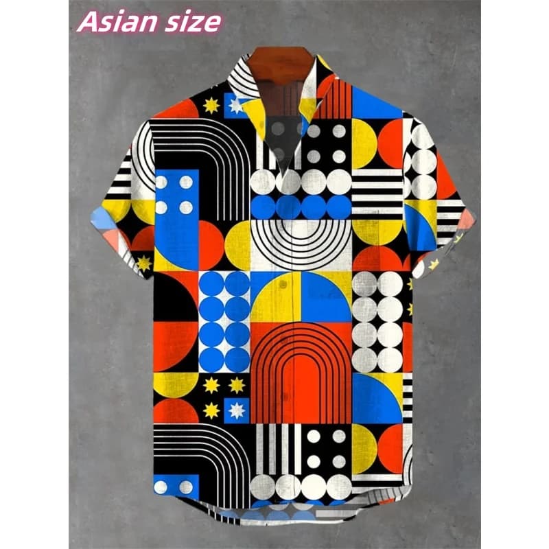 Colorful Geometric Love Graphic Hawaiian Shirt For Men Cat Dog 3D Printed Short Sleeve Summer Loose Aloha Shirts Lapel Blouse