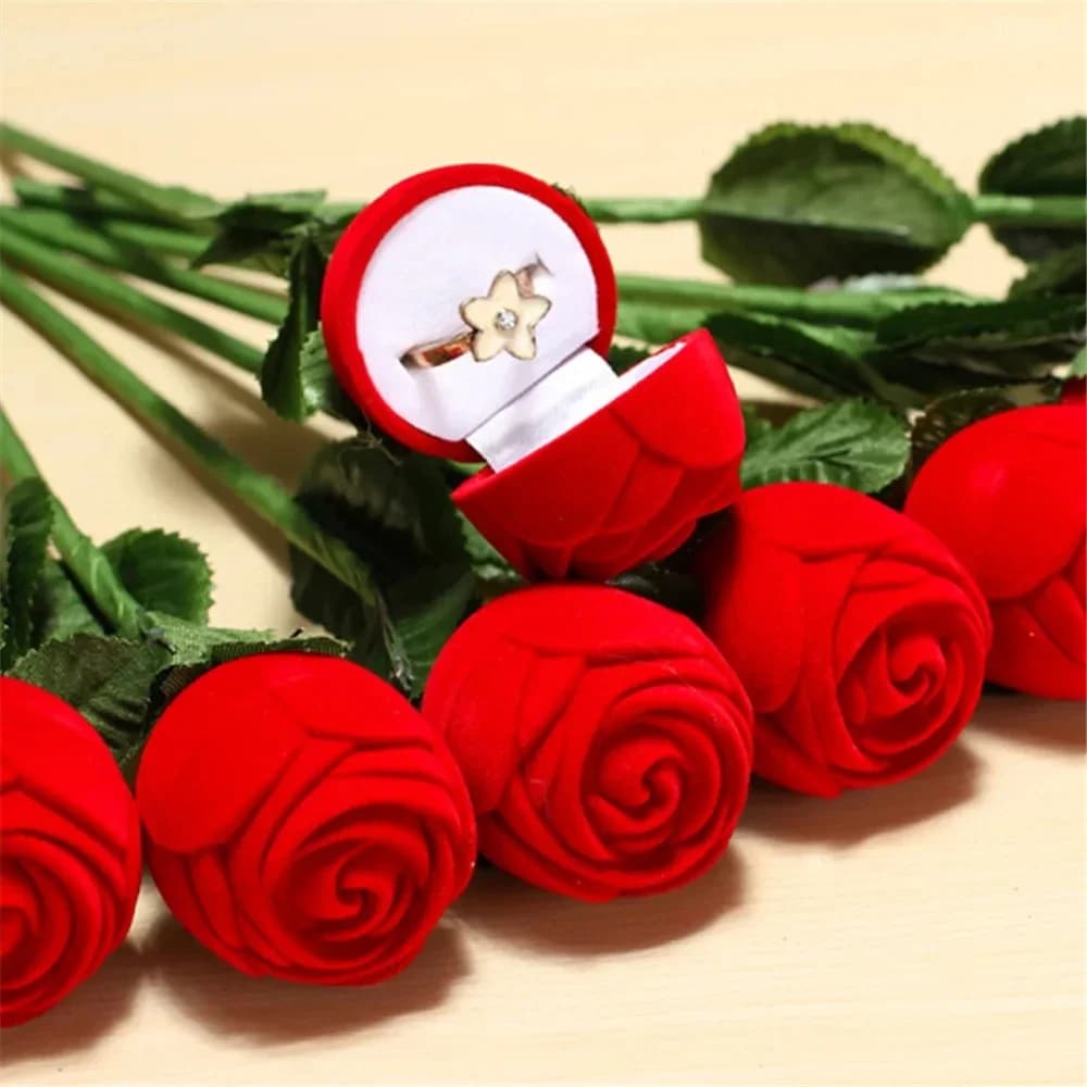 Scatola per anelli con rosa floccata Scatola per anelli per orecchini con rosa a radice lunga Scatola regalo di fascia alta Scatola per anelli di fidanzamento 2041