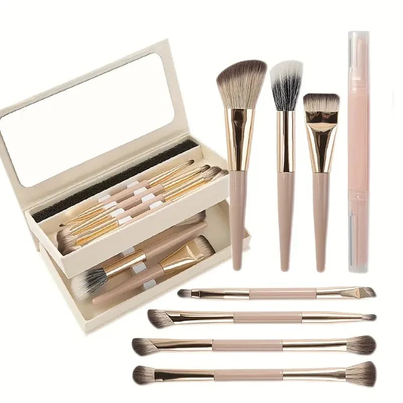 Set di pennelli per trucco da viaggio da 8 pezzi con set di trimmer per sopracciglia a specchio Set di pennelli per sfumare labbra per fondotinta in polvere portatile