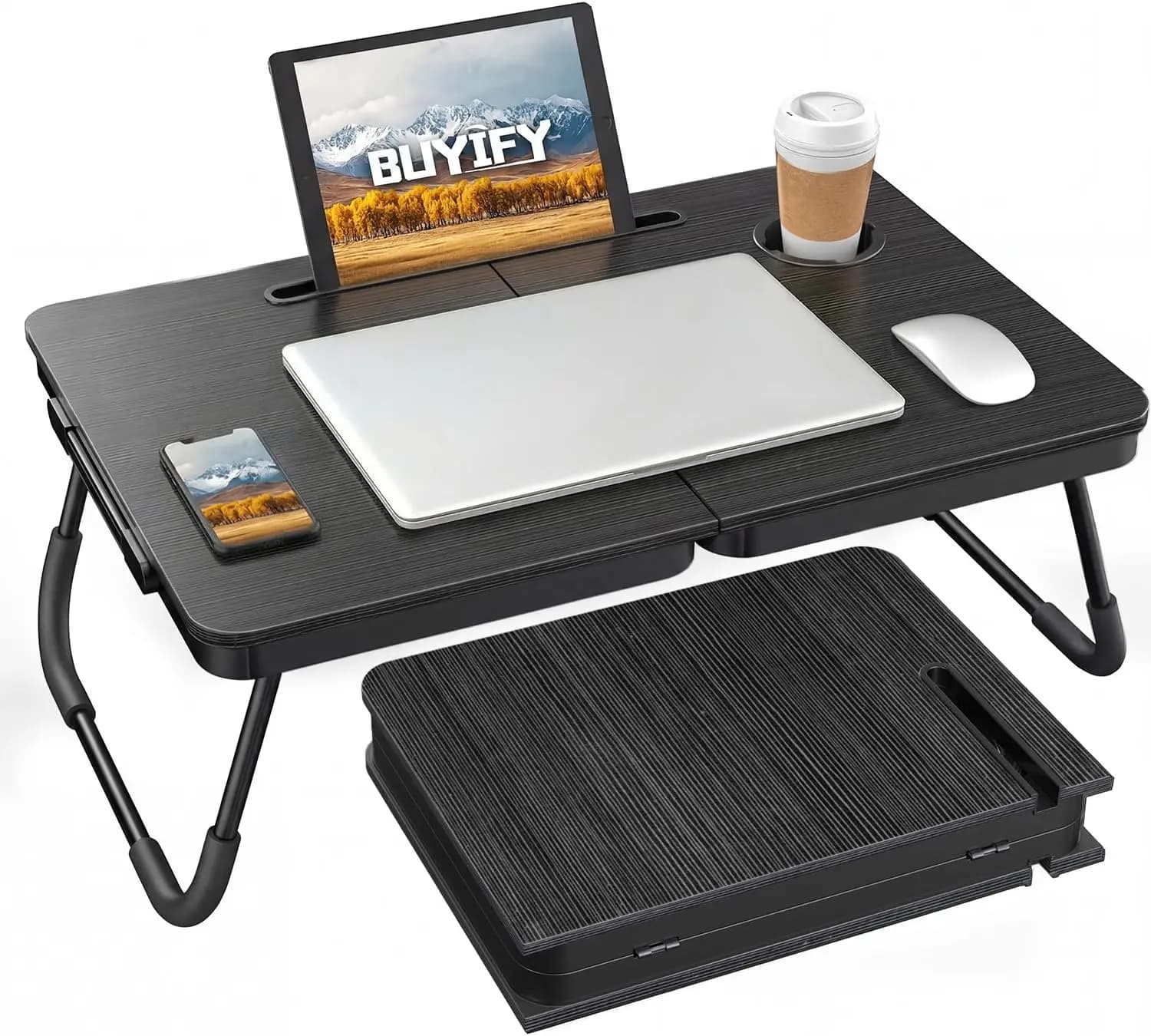 Tavolino Pieghevole per Laptop con Portabicchieri e Supporto per Tablet - Supporto Portatile per Divano, Letto, Mangiare, Scrivere, Studiare