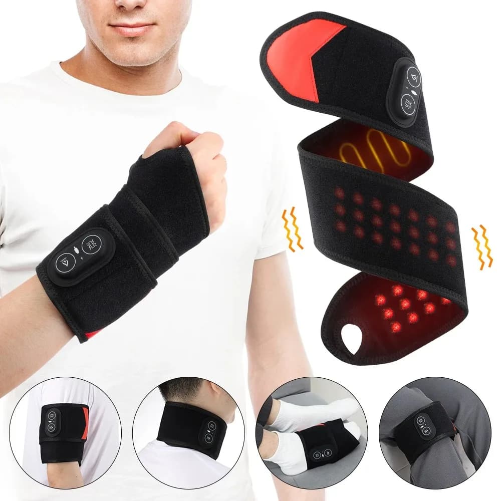 Fascia Riscaldante Senza Fili per Polso con Luce Rossa 660nm&850nm, Compressione Calda, Massaggio Vibrante a 3 Livelli e Calore per Braccio/Ginocchio/Piede