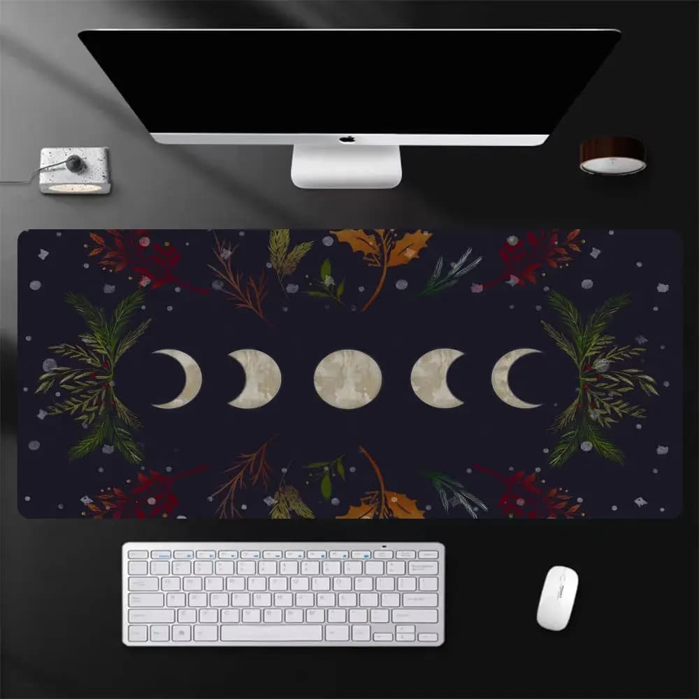 Tappetino per mouse C-Creative con motivo luna e piante, tappetino per mouse grande da gaming con bordi ricamati, tappetino spesso per tastiera e scrivania