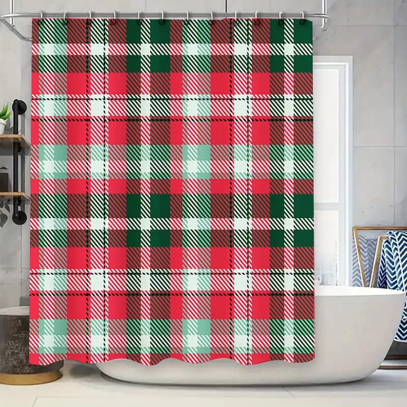 Tenda da doccia scozzese Tappetino da bagno per decorazioni da bagno Tessuto impermeabile in rosso verde 72x84 pollici Accessori natalizi per la casa