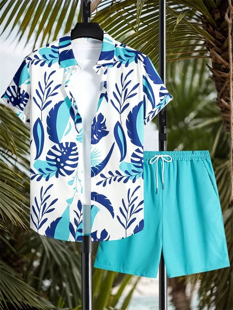 Set di camicie a maniche corte da uomo, stile artistico e semplice, stampa vegetale, pantaloncini tinta unita, casual, alla moda e per tutti i giorni