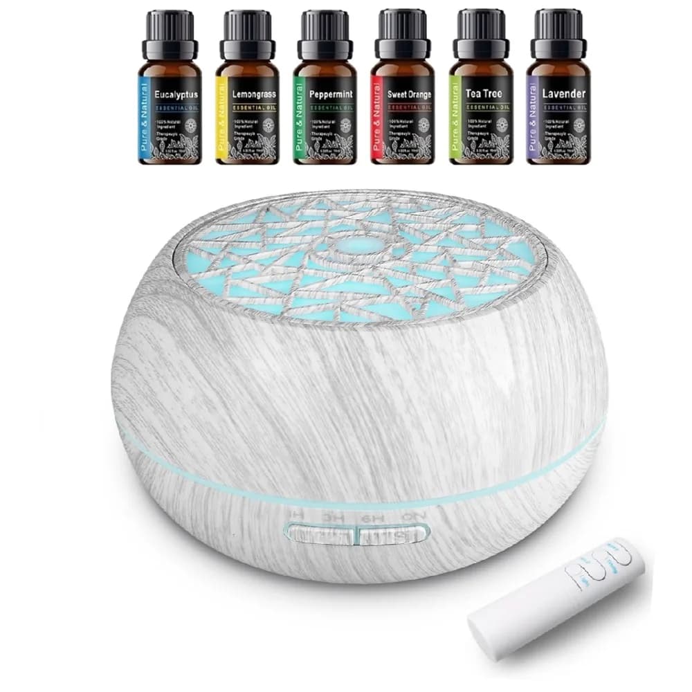 Diffusore di oli essenziali con venature del legno con telecomando e 6 oli - Umidificatore per aromaterapia da 550 ml a 7 colori LED per il relax