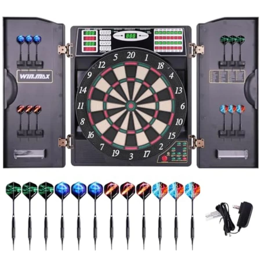 Tavolo da gioco elettronico per freccette con mobiletto per uso domestico, in plastica ABS, nero, con display LED per la punteggio automatico e 12 freccette soft tip incluse