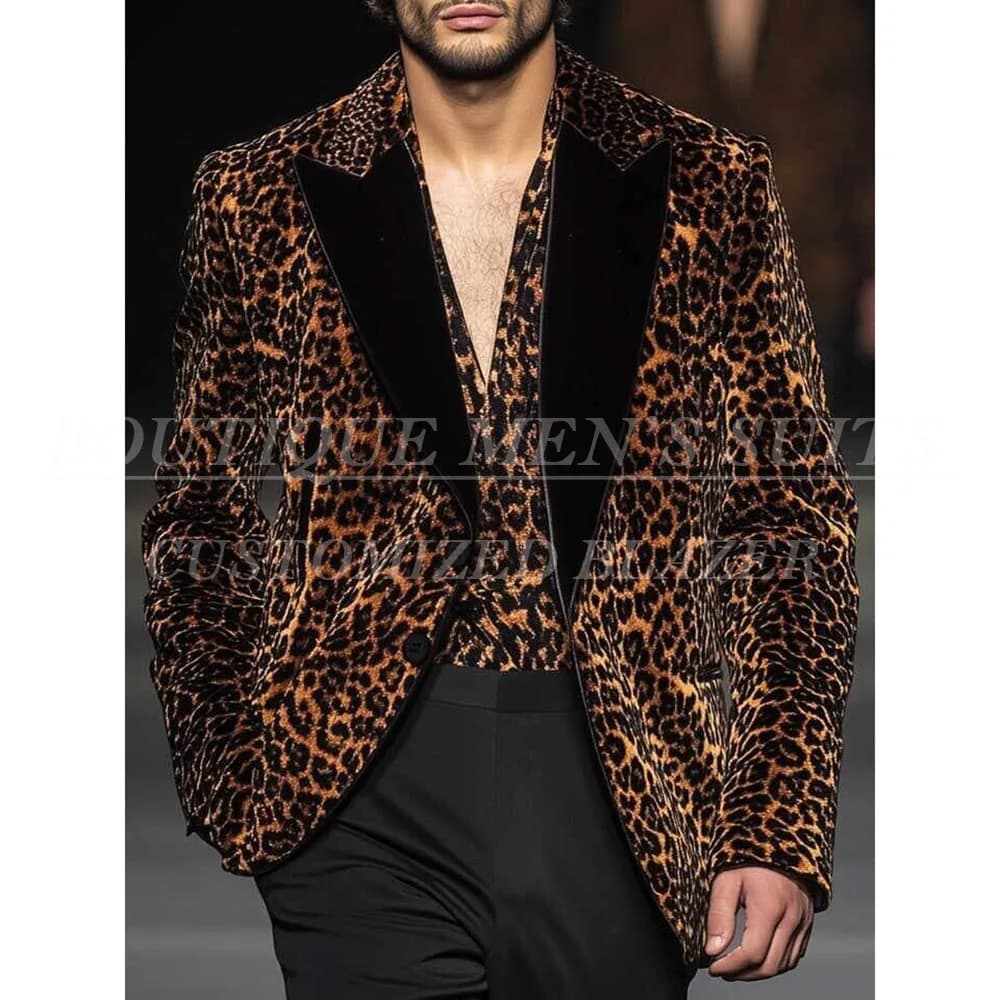 Abito da uomo di lusso alla moda, completo blazer stampato leopardato monopetto con revers a punta, per feste e cerimonie, 3 pezzi: giacca, pantaloni e gilet 2026