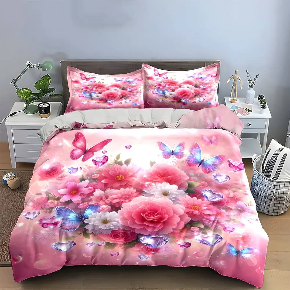 Set Decorativo con Motivi Floreali e Farfalle, Set Biancheria da Letto con 1 Copripiumino e 2 Federe, Singolo, Matrimoniale, King, Queen, Regalo