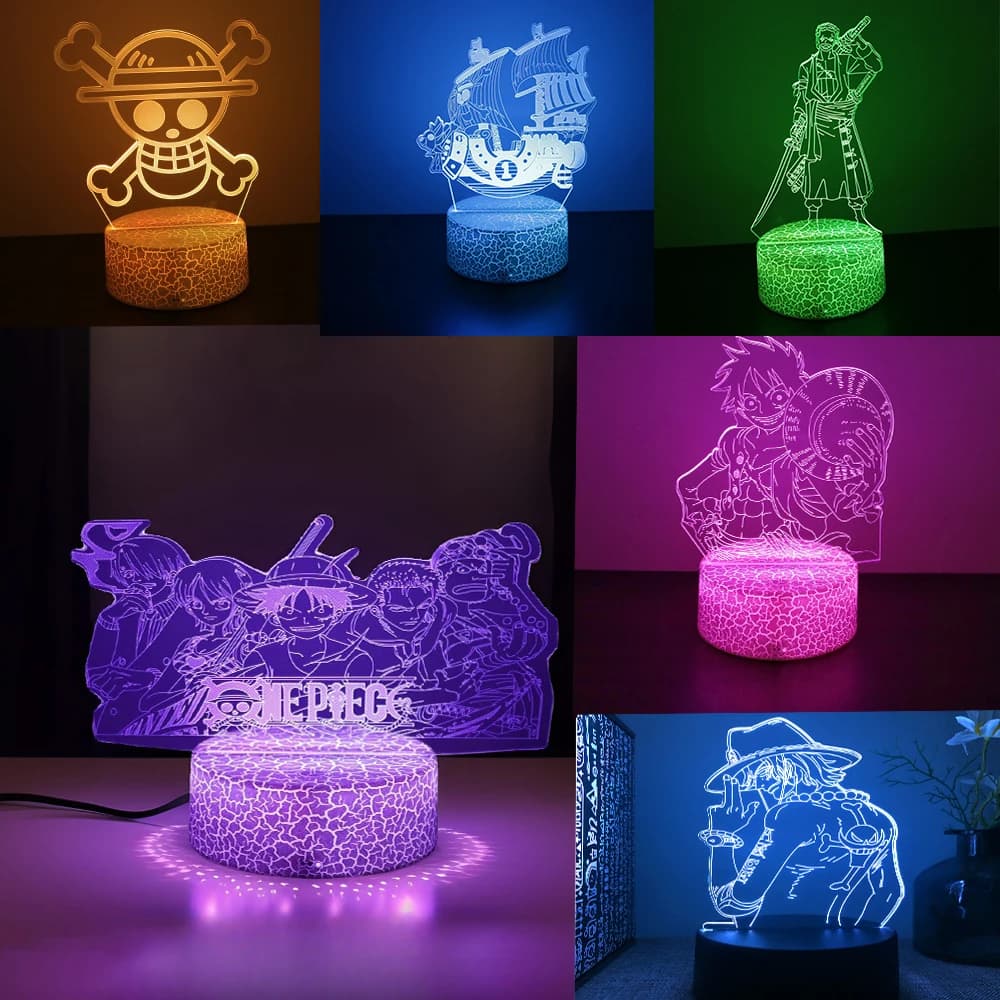 Lampada Notturna Anime One Piece con Personaggi Zoro, Luffy, Nami, Usopp, Sanji, Chopper, Hancock, Action Figure 3D LED con Cambio Colore, Regalo di Natale