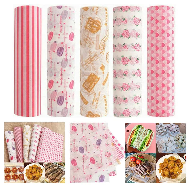 100 pezzi di carta oleata con motivi colorati, carta da regalo per alimenti, carta cerata per panini da forno, hamburger, snack, cestini