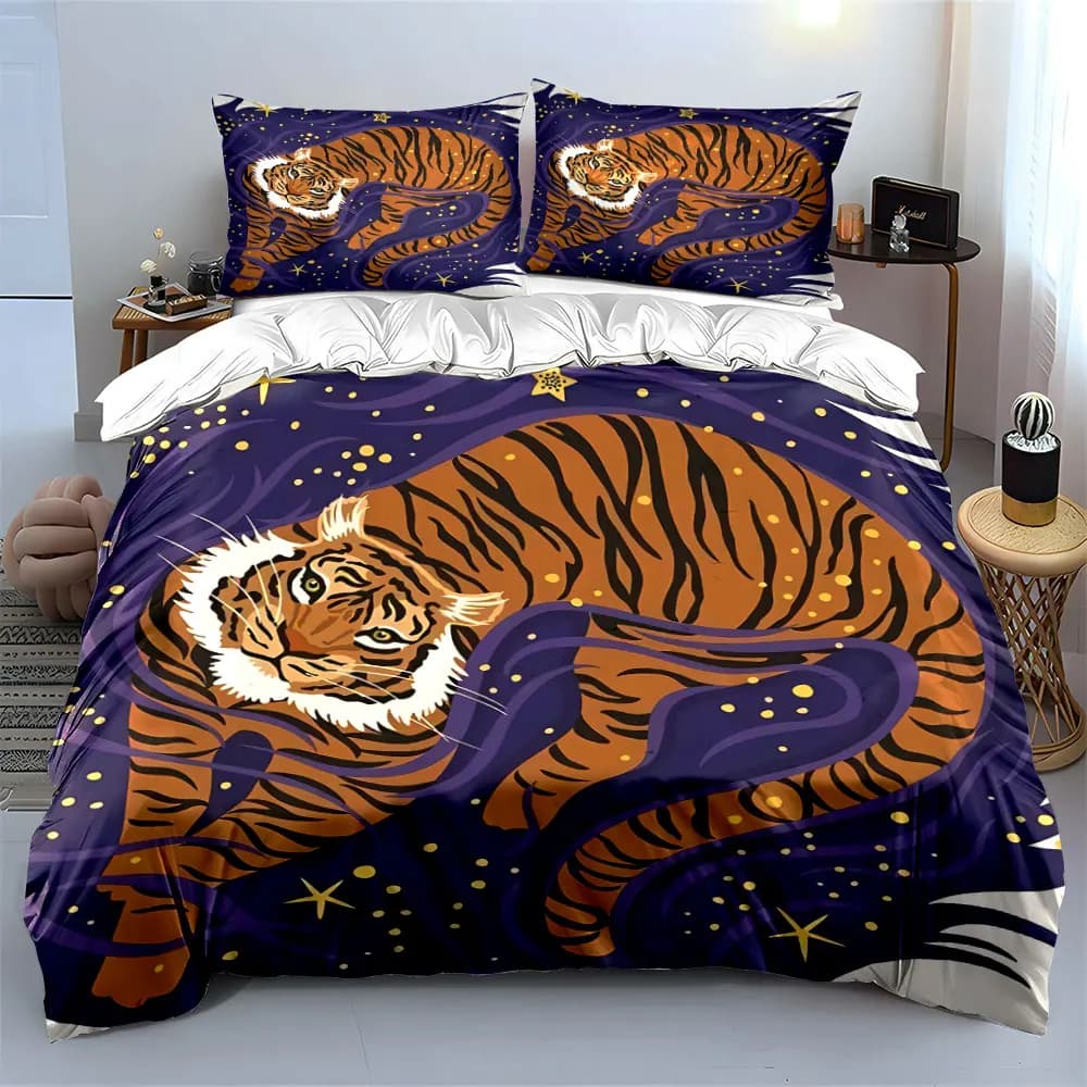 Set Decorativo Starry Tiger, Set di Biancheria da Letto con 1 Copripiumino e 2 Federe, Singolo, Matrimoniale, King, Queen, Regalo