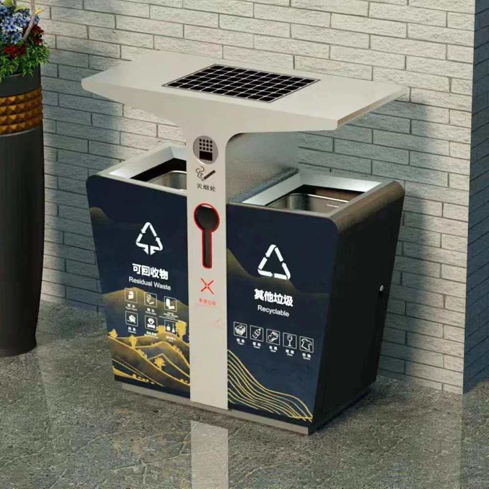 Pattumiera solare intelligente per riciclaggio esterno in acciaio zincato dal design moderno per pattumiera solare intelligente per parco stradale pubblico