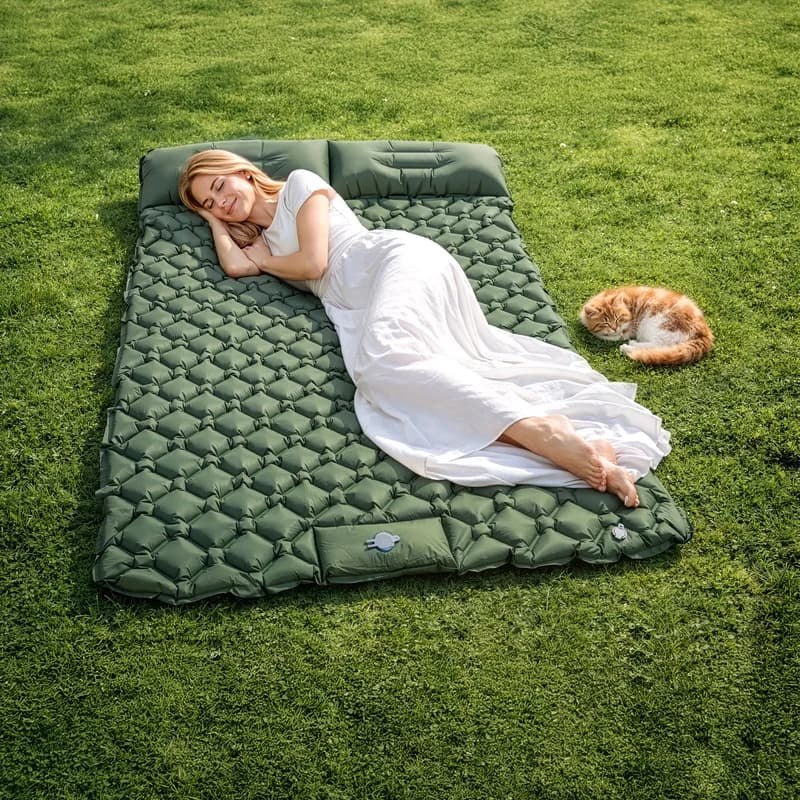 2‑Person Inflatable Sleeping Pad, Nylon Built‑in Foot Pump Portable with Stuff Sack for Camping Hiking Beach, Trintion