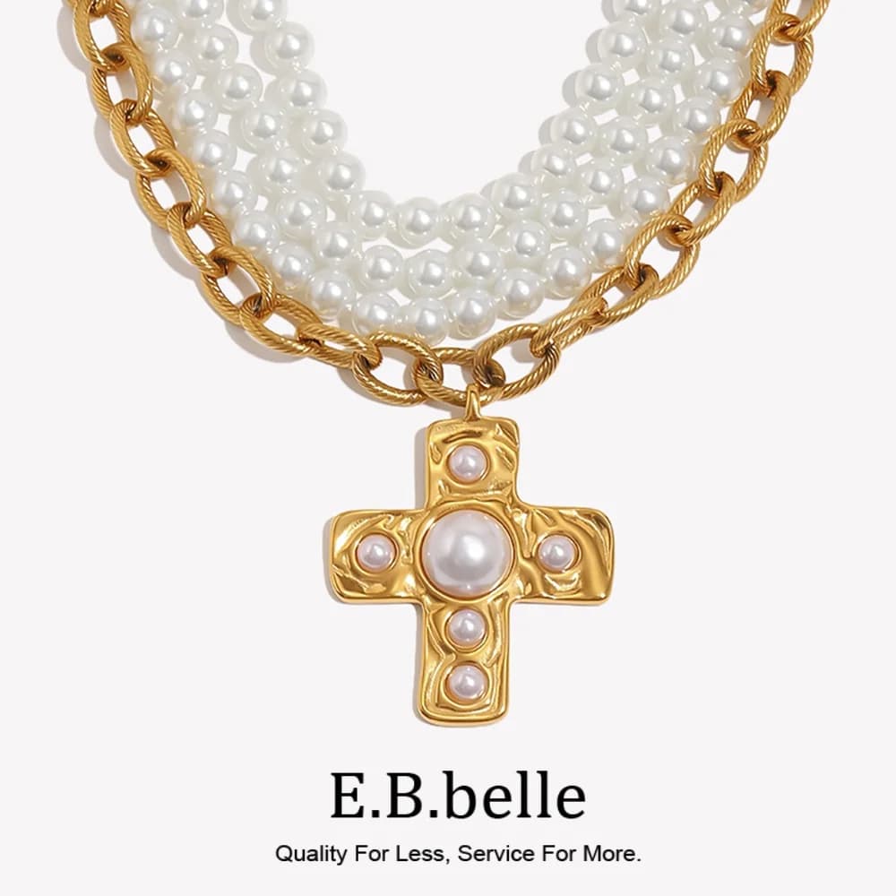 E.B.belle Multi-Strand Pearl Thick Paperclip Chain Molten Cross Pearl Pendant Necklace Stainless Steel Fashion Vacation Jewelry