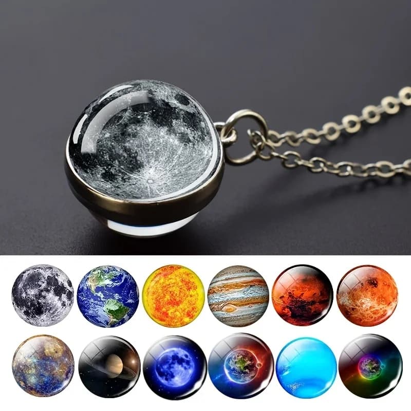 Solar System 304 Stainless Steel Necklace Nine Star Pattern Pendant, Glass Ball Pendant, Fashion Jewelry Accessories, Celestial Gifts for Men and Women