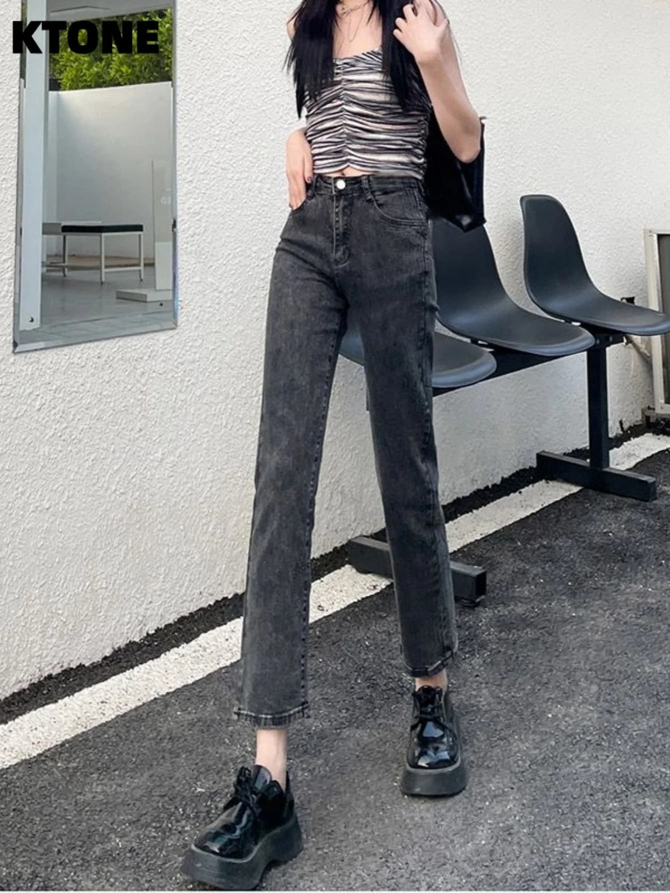 Jeans grigi slim fit da uomo Y2k Drip unisex originali casual alla moda. Nessun accessorio o cintura inclusi.