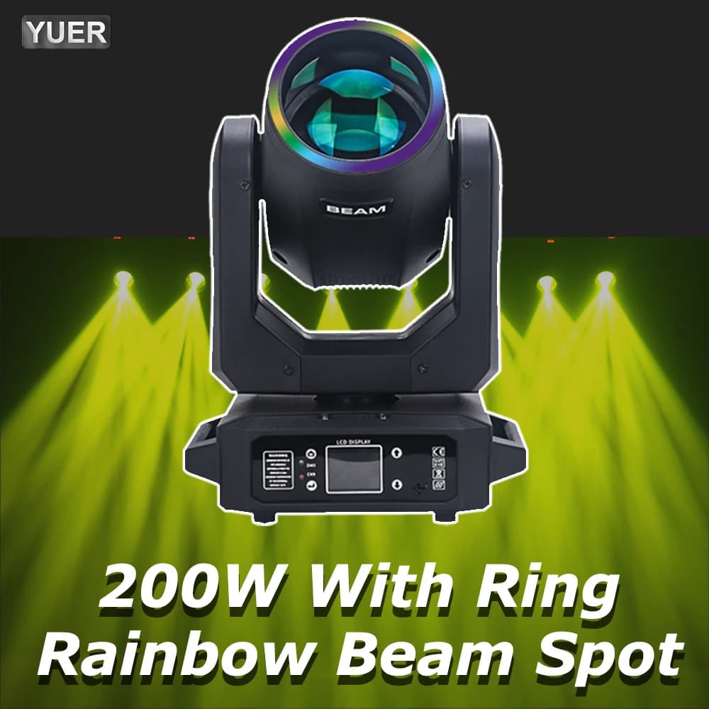 NEW 200 W LED mobile head light with ring beam + point + 18 rotating prisms + rainbow effect Dmx light effect from stage DJ Bar