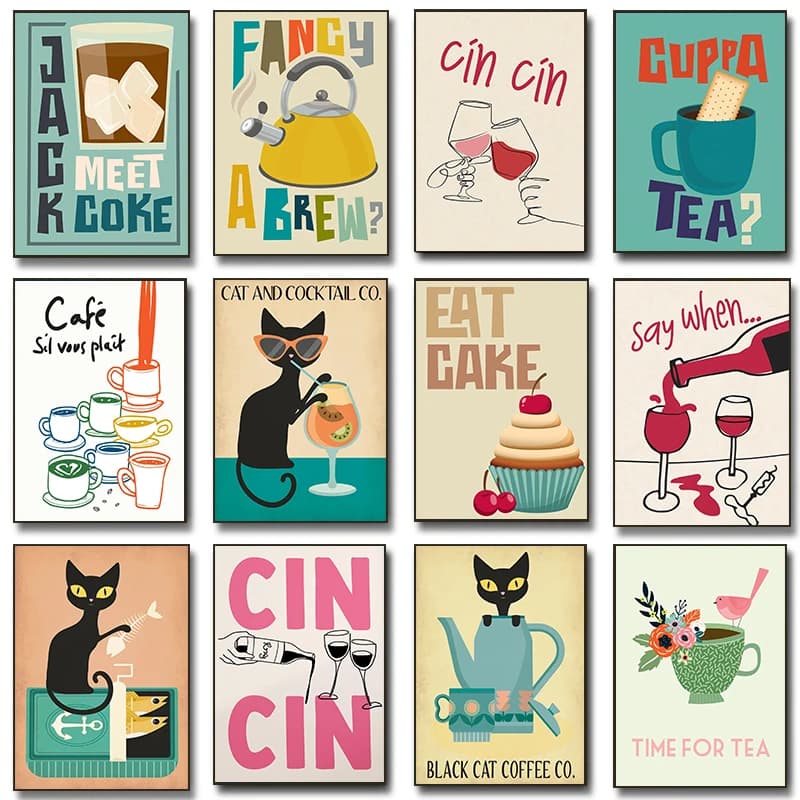 Poster Retrò per Cucina, Stampe di Tè e Vino, Quadri su Tela per Happy Hour, Decorazioni da Parete per Soggiorno