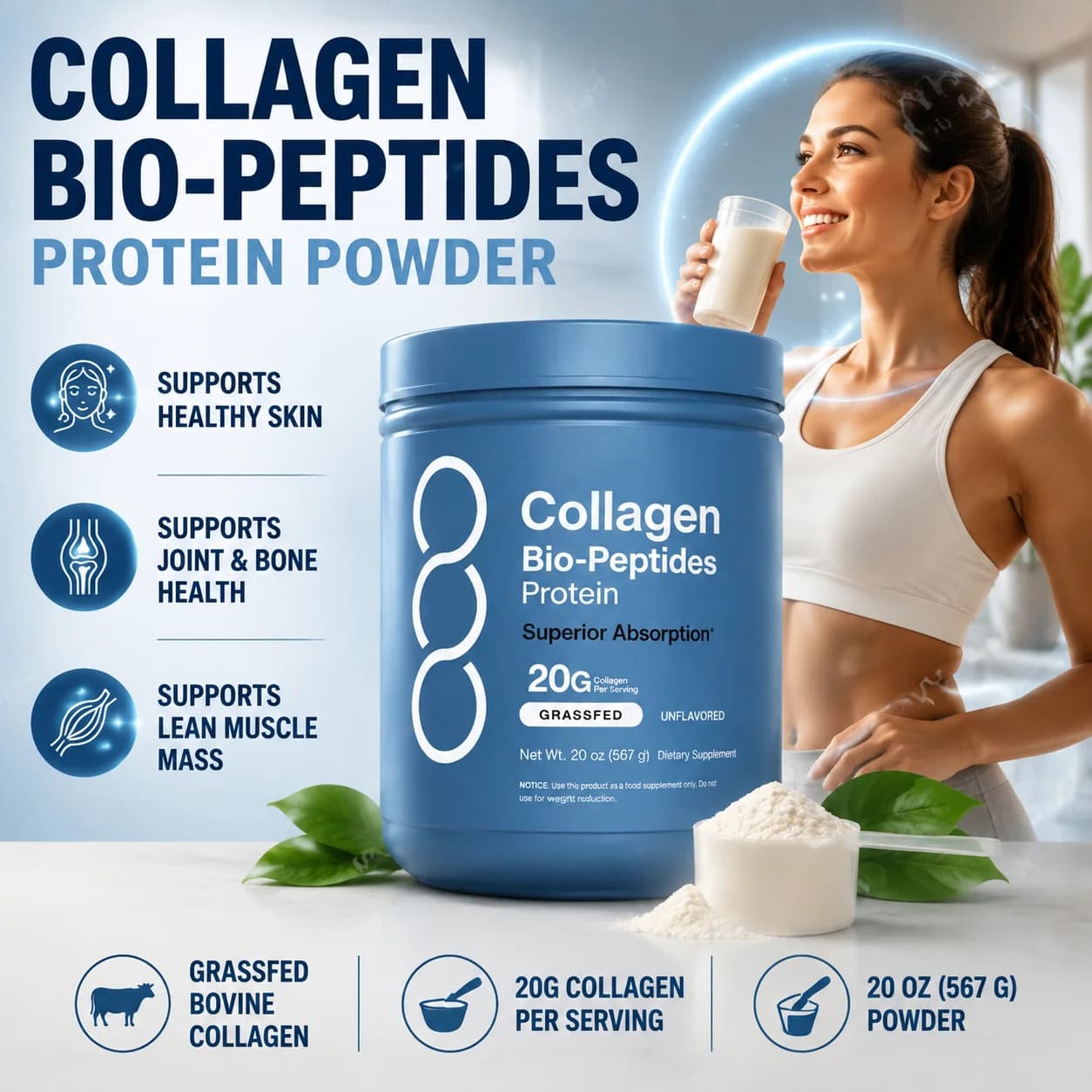 Collagen Bio-Peptides Protein Powder with Grassfed Bovine for Skin, Hair, Nail, Joint, Bone & Muscle Support, Adults, 567 Grams