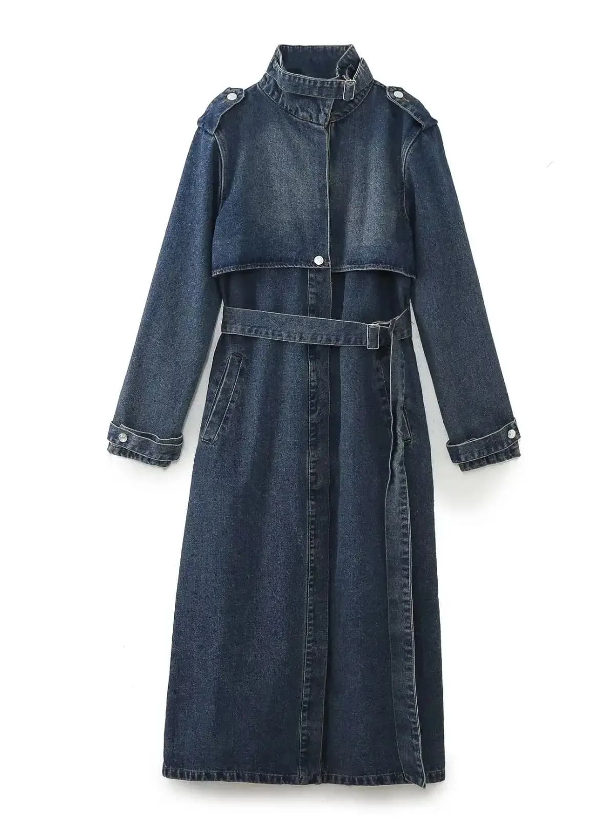 Trench di jeans da donna alla moda Colletto alla coreana Cappotto lungo con lacci Autunno Chic Lady Jean Giacca a vento Capispalla