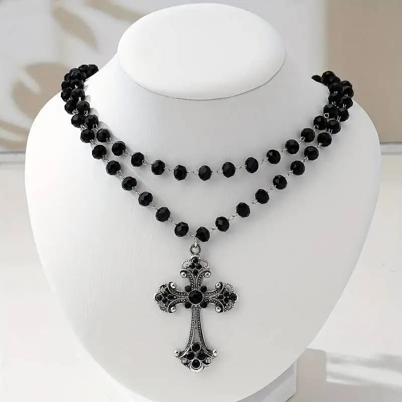 Collana a strati Y2K Grunge Gothic con croce - Girocollo a doppio filo con perline nere e ciondolo a croce, gioielli estetici alternativi e scuri