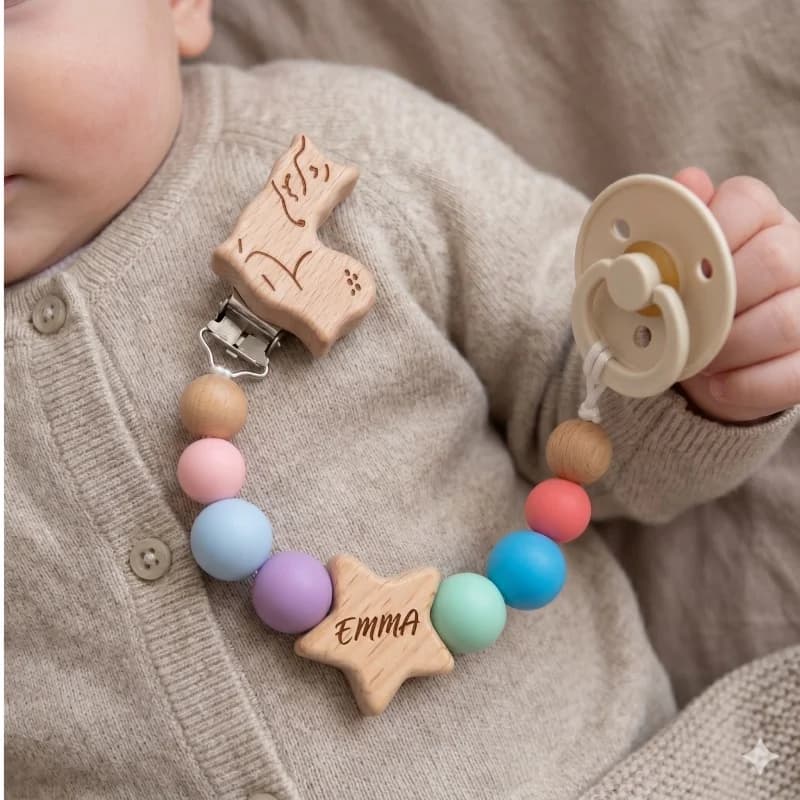 Catenella Portaciuccio Personalizzata con Nome, Clip in Silicone e Perle in Legno, Massaggiagengive Anti-caduta, Regalo per Baby Shower