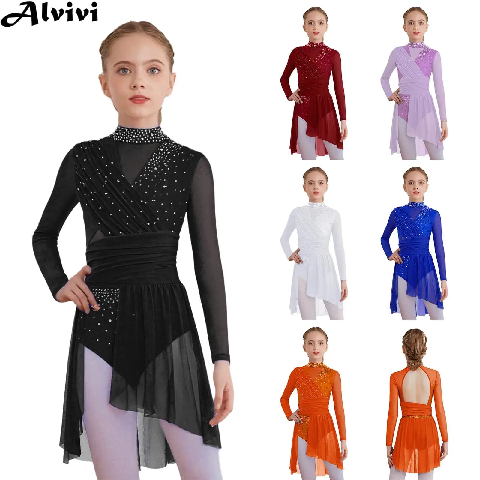 Body da Danza Moderna e Pattinaggio Artistico per Bambine, a Maniche Lunghe, con Strass Lucidi e Inserti in Rete Trasparente