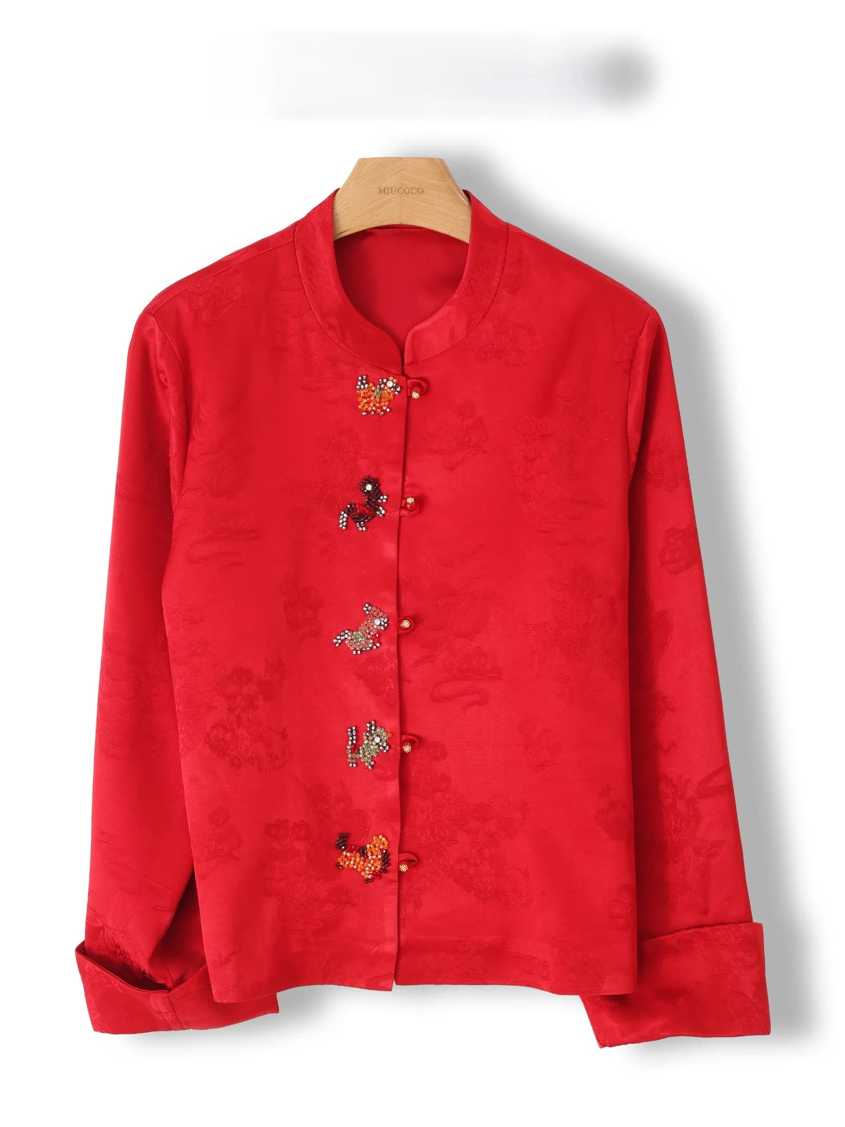 Elegant Red Chinese Style Long Sleeve Embroidered Jacket for Women Heavy Work Satin Fabric Loose Fit New Fashion Trend
