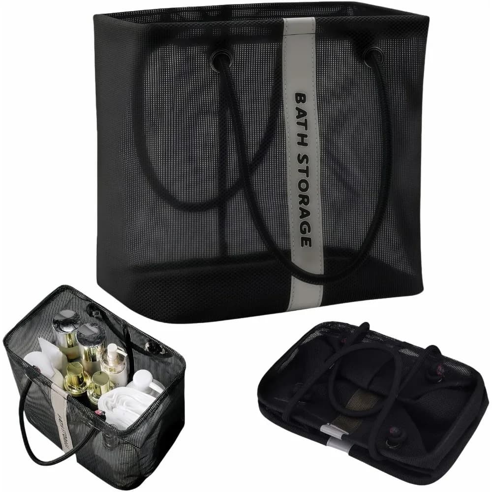 Borsa portaoggetti da doccia in rete, portatile, ad asciugatura rapida, organizer per bagno, per dormitorio universitario, palestra, viaggi, nuoto, campeggio, con manici, set nero