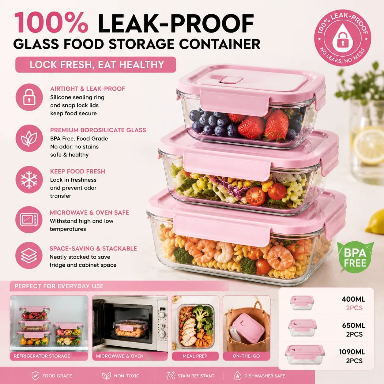 Set di Contenitori per Pranzo in Vetro Borosilicato - Ermetici e Antiperdita, Adatti per Microonde, Congelatore e Forno, Rosa, Impilabili per Preparazione Pasti