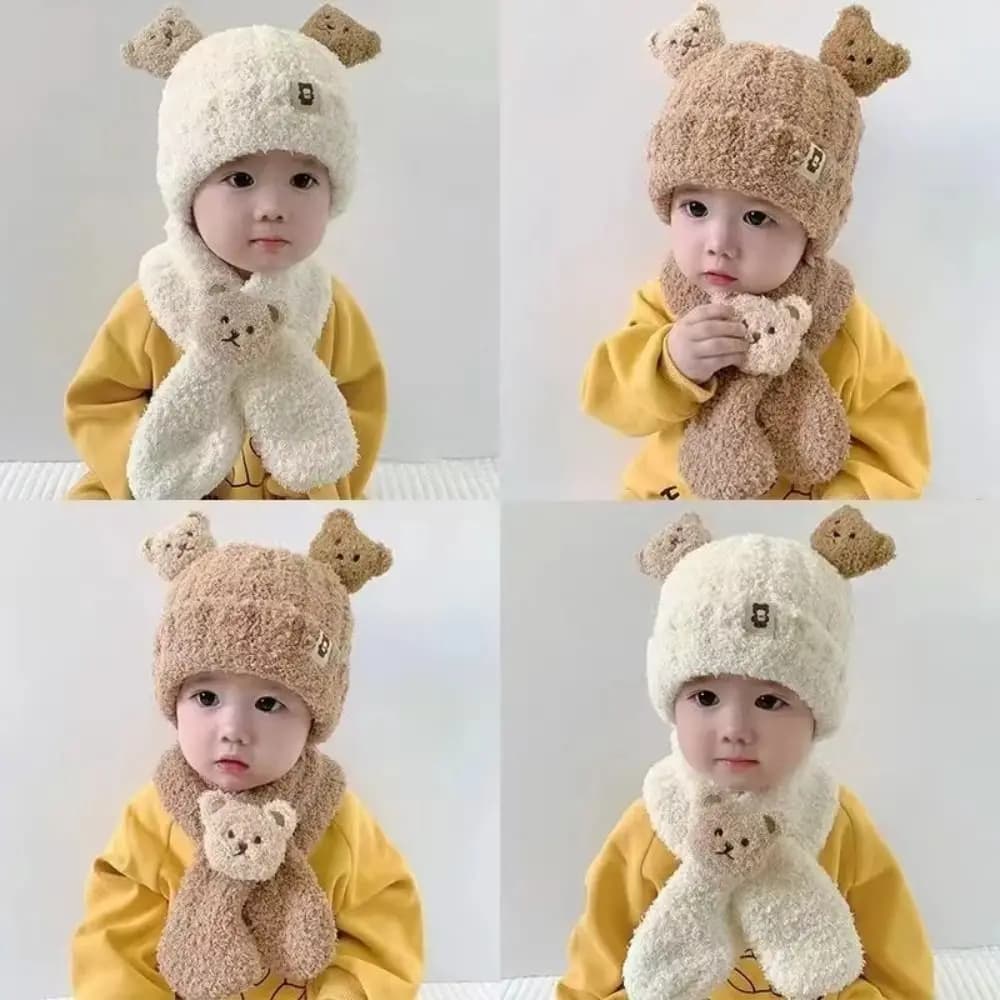Cappello da bambino in stile coreano con sciarpa Cartoon Mantieni caldo cappello all'uncinetto Cappello da protezione per le orecchie per bambini carino antivento