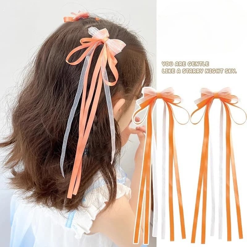 Cute fashion fairy ribbon bowknot children's workshop long ribbon hair clip soft band headdress girls headdress headdress 1 pair