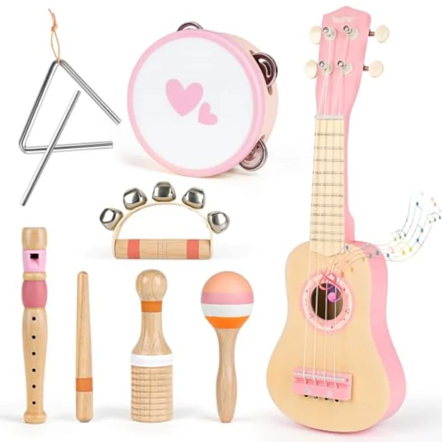 Set di Chitarre per Bambine - Set di 7 Strumenti Musicali Montessori in Legno con Ukulele, Tamburello, Maracas e Flauto per Bambini