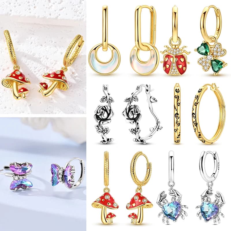 New 925 Sterling Silver Hoops Earrings Golden Four-leaf Clover Heart Mushroom Earring High Quality Jewelry Gift for Women Girls