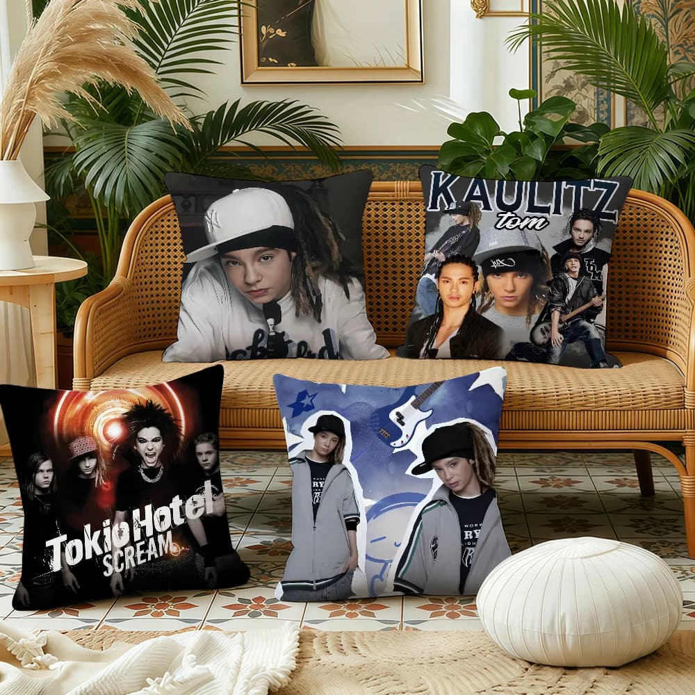 Fodera per cuscino Band T-Tokio H-Hotel Tom Kaulitz in tessuto felpato morbido con stampa fronte-retro, fodera per cuscino da divano, fodere per cuscini decorativi