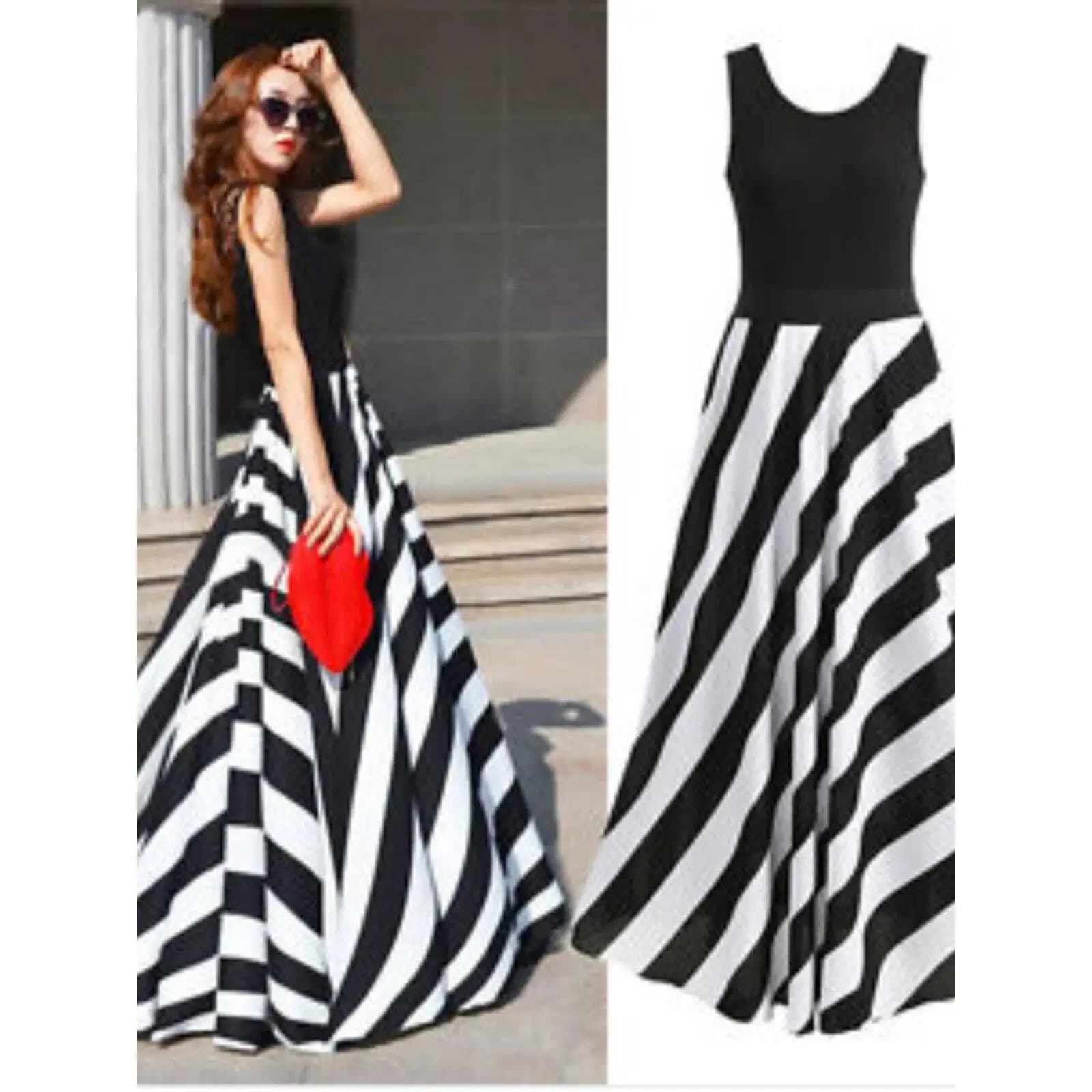 Summer Trendy New Stripes Long Dress Women's Belt Splicing Dress Three-quarter Sleeve Other 100% Material Skirt for Women